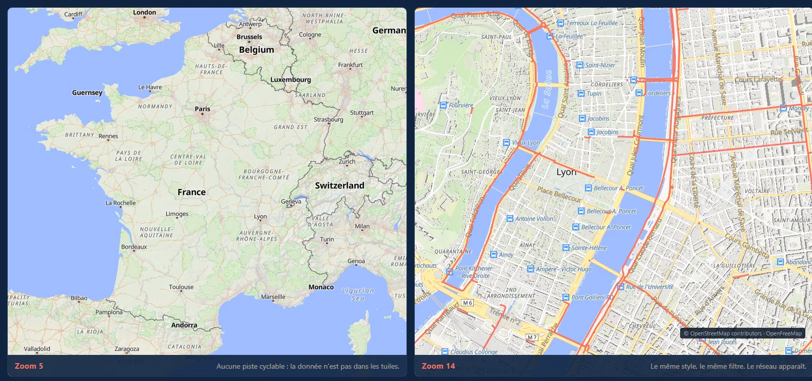 Deux cartes côte à côte dans le même style. À gauche la France au zoom 5, où aucune piste cyclable n'est dessinée. À droite Lyon au zoom 14, où le réseau cyclable apparaît en corail le long des quais du Rhône et de la Saône.